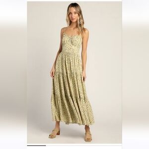 Lulu’s Spring Sensation Light Green Floral Print Tiered Maxi Dress